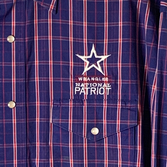Wrangler Pearl Snap Shirt Med-Large National Patriot Logo Blue Plaid Rodeo Star - Picture 4 of 12